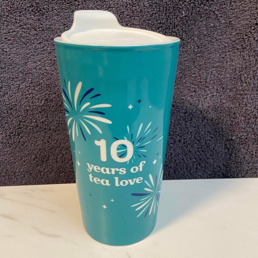 Travel Tumbler Tea Mug Davids 10 Years Of Tea Love With Lid Teal Ceramic